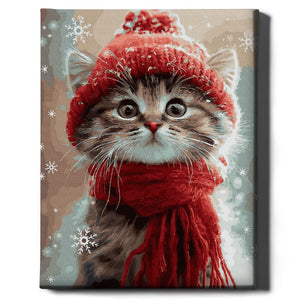 Картина по номерам "Котенок в красном шарфе" Sovabooks, набор для творчества с изображением милого котенка в ярком шарфе