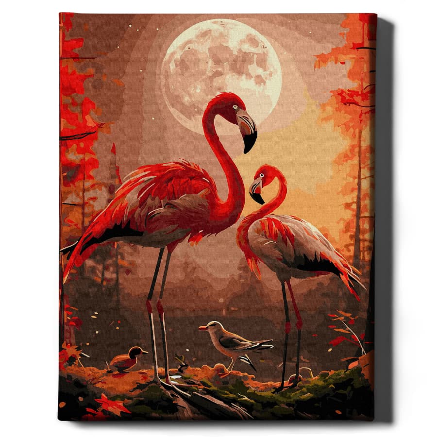 Картина по номерам Лунные фламинго от Sovabooks, художественный набор для творчества и рисования с изображением фламинго и луны.