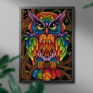 Алмазная мозаика Sovabooks с изображением красочной совы, размер 40x50 см, для творчества и рукоделия.