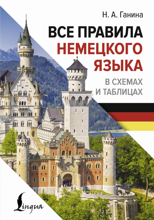 Обложка книги "Все правила немецкого языка в схемах и таблицах" Ганиной Н.А. для изучения немецкого языка, изображение на белом фоне