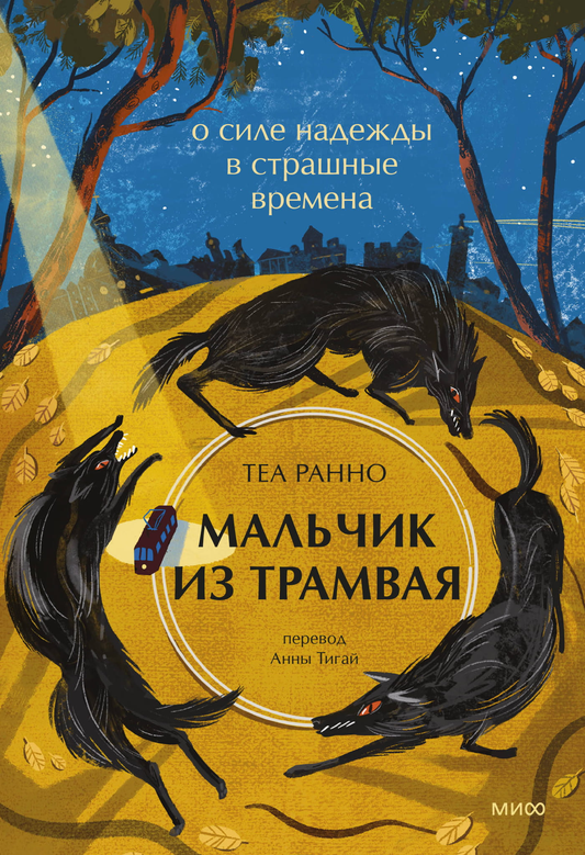 Обложка книги Мальчик из трамвая. О силе надежды в страшные времена, изданная SOVABOOKS, с изображением текста на фоне.