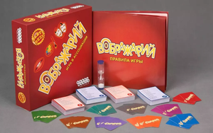Настольная игра Воображарий от Sovabooks для веселых вечеринок и игр с друзьями, изображение коробки и игровых компонентов