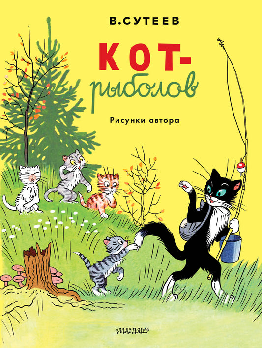 Кот-рыболов из детской книги, рисунки автора, иллюстрация для детского издания, яркое изображение на странице.