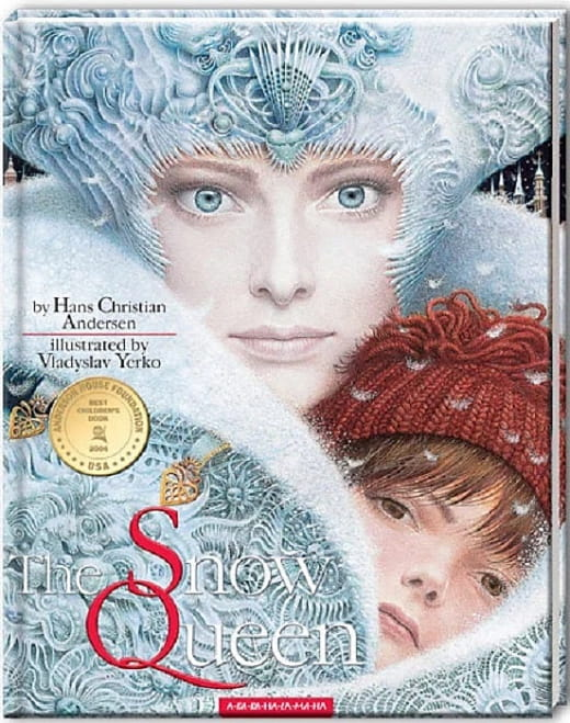Обложка книги "Снежная Королева" от SOVABOOKS, иллюстрация с изображением героини и зимнего пейзажа